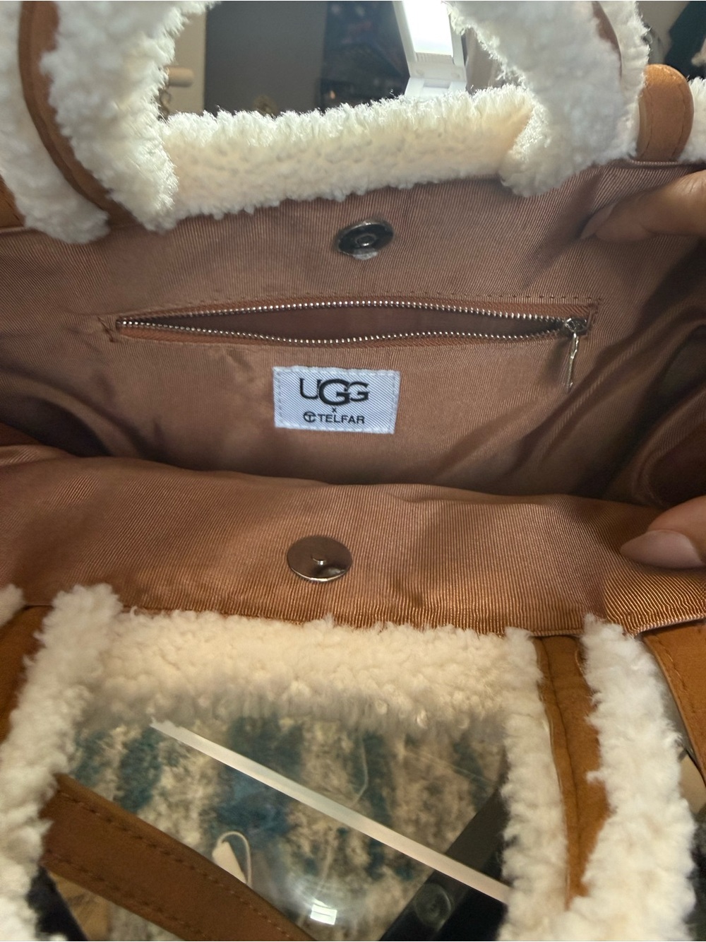 Telfar Chestnut Tote with White Shearling Logo Trim - Picture 2 of 4